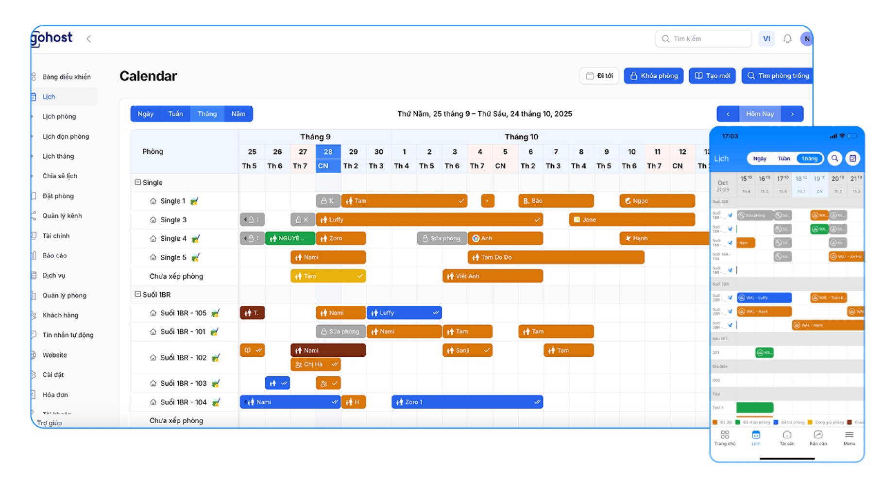 Dashboard lịch chung của GoHost hiển thị tất cả c&aacute;c đơn booking tại một nơi, được ph&acirc;n ho&aacute; k&ecirc;nh theo m&agrave;u sắc gi&uacute;p dễ d&agrave;ng quản l&yacute; đơn đặt ph&ograve;ng.