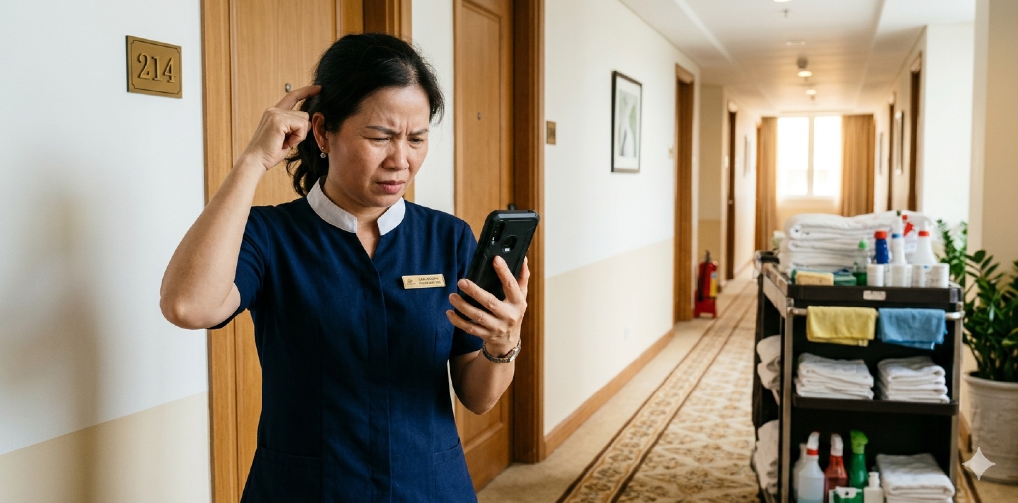 Bộ phận buồng ph&ograve;ng gặp kh&oacute; khăn khi sử dụng phần mềm do giao diện housekeeping của hệ thống cũ phức tạp, kh&ocirc;ng th&acirc;n thiện với người &iacute;t kinh nghiệm c&ocirc;ng nghệ.