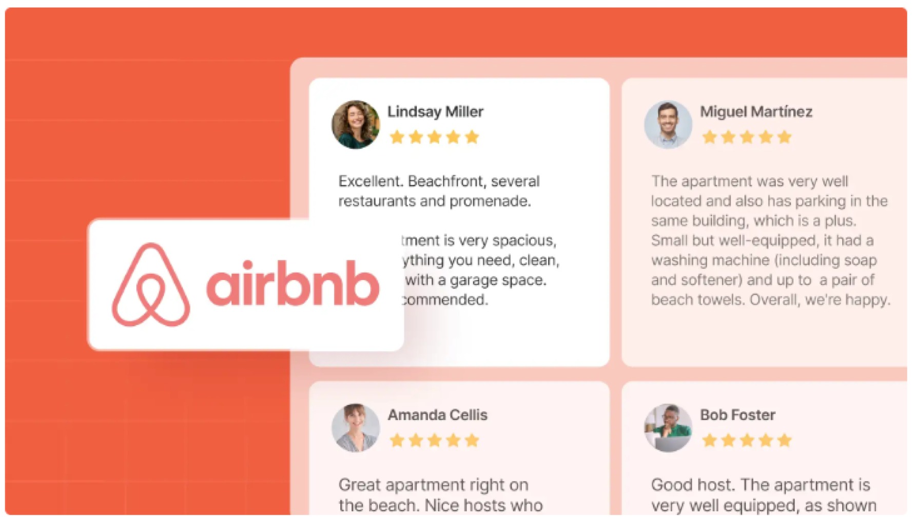 Các đánh giá 5 sao trên Airbnb giúp tăng độ tin cậy và thu hút khách hàng màn hình các review 5 sao trên giao diện Airbnb, minh họa kết quả mong muốn khi khách hàng đánh giá tích cực về trải nghiệm lưu trú tại khách sạn hoặc căn hộ