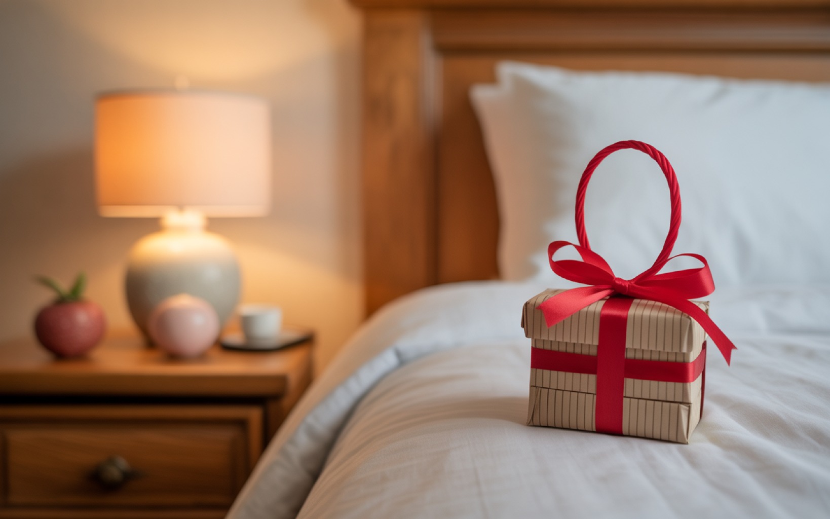 Hình ảnh món quà nhỏ và tấm thiệp cảm ơn đặt trên giường homestay, thể hiện sự chu đáo của chủ nhà và dịch vụ vượt kỳ vọng giúp tăng đánh giá 5 sao