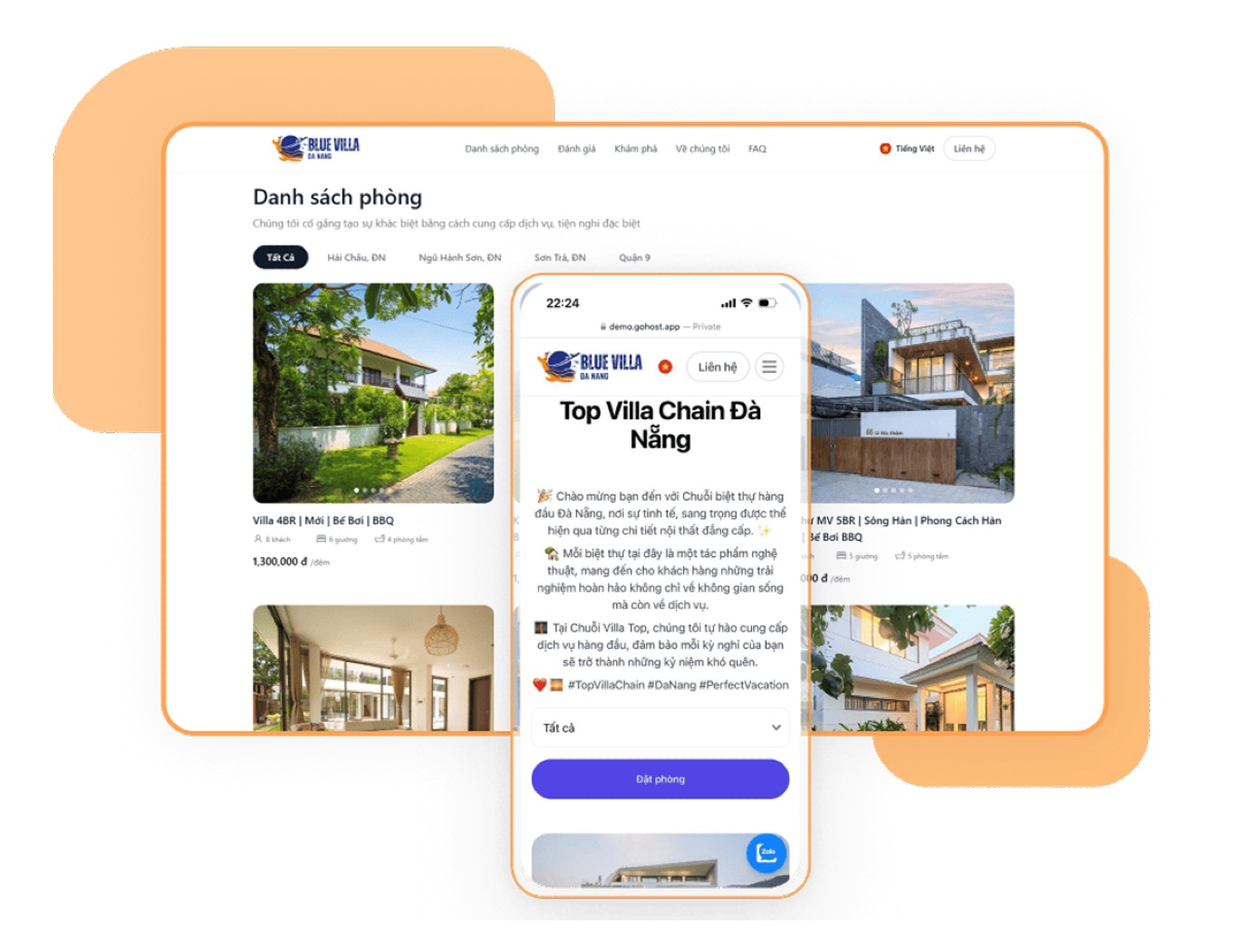 Website đặt phòng khách sạn trên desktop và mobile, giúp tăng booking trực tiếp và giảm chi phí OTA.